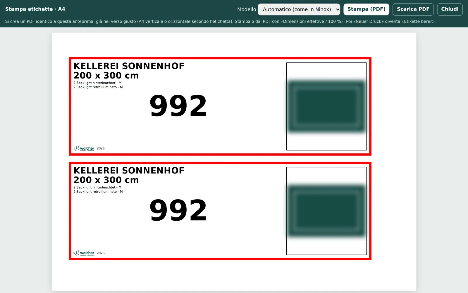 Anteprima delle etichette per le casse, identica al PDF