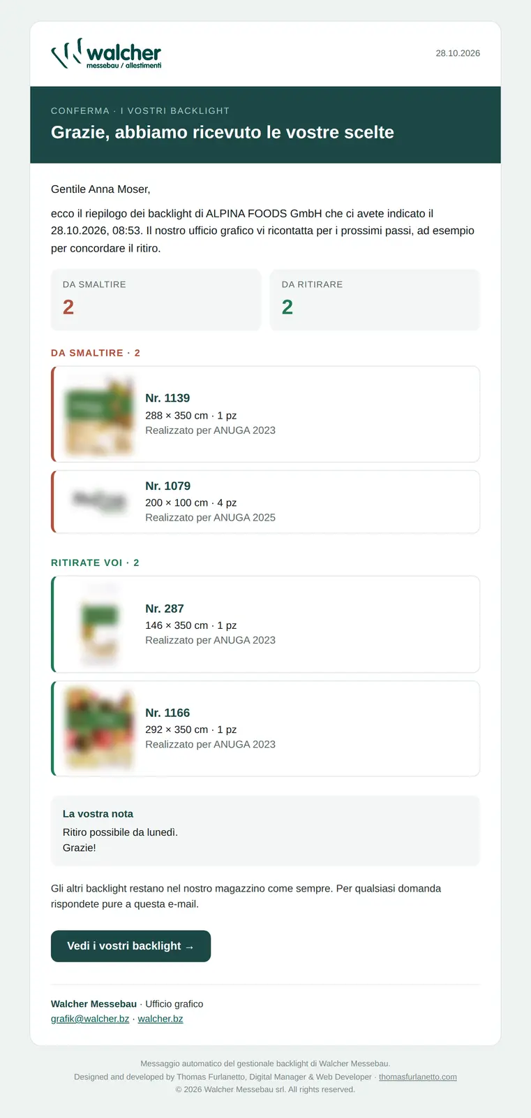 E-mail automatica di conferma al cliente
