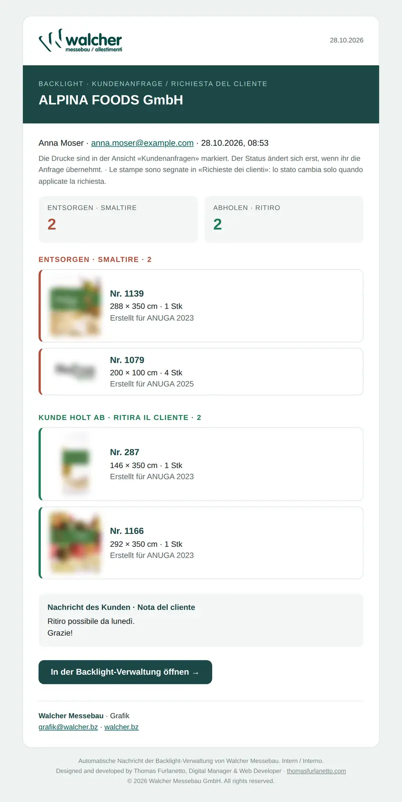 E-mail automatica di avviso all’ufficio grafico