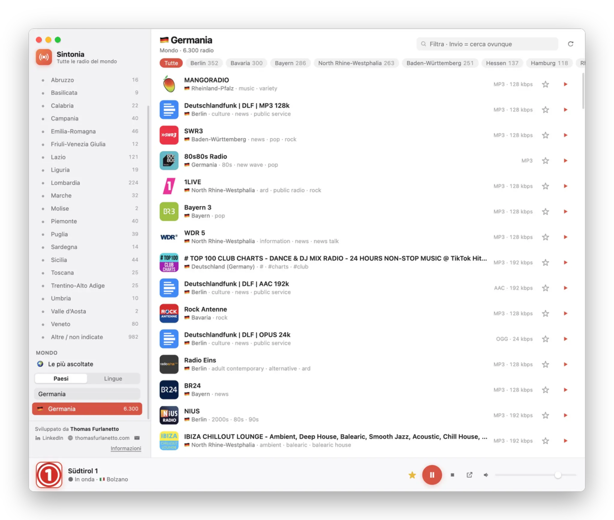 Liste deutscher Radios mit Bundeslandfiltern und Länderfilter in der Seitenleiste