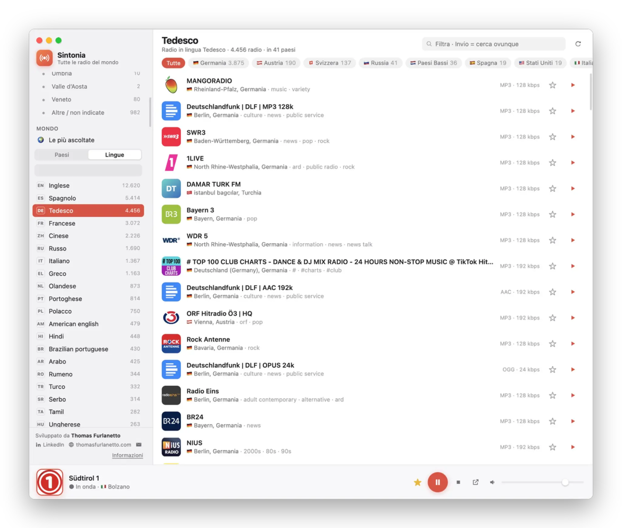 Sprachansicht mit deutschsprachigen Radios aus 41 Ländern und Sprachliste