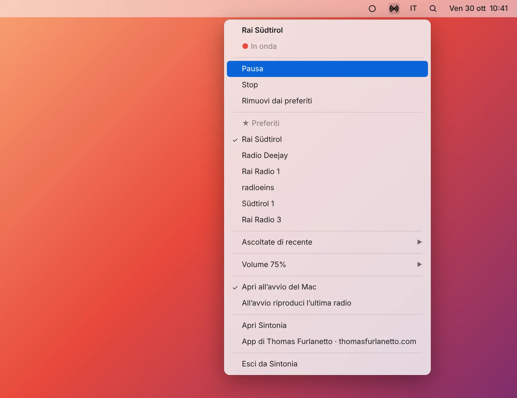 Sintonia-Menü in der macOS-Menüleiste mit Wiedergabe, Pause, Favoriten und Lautstärke